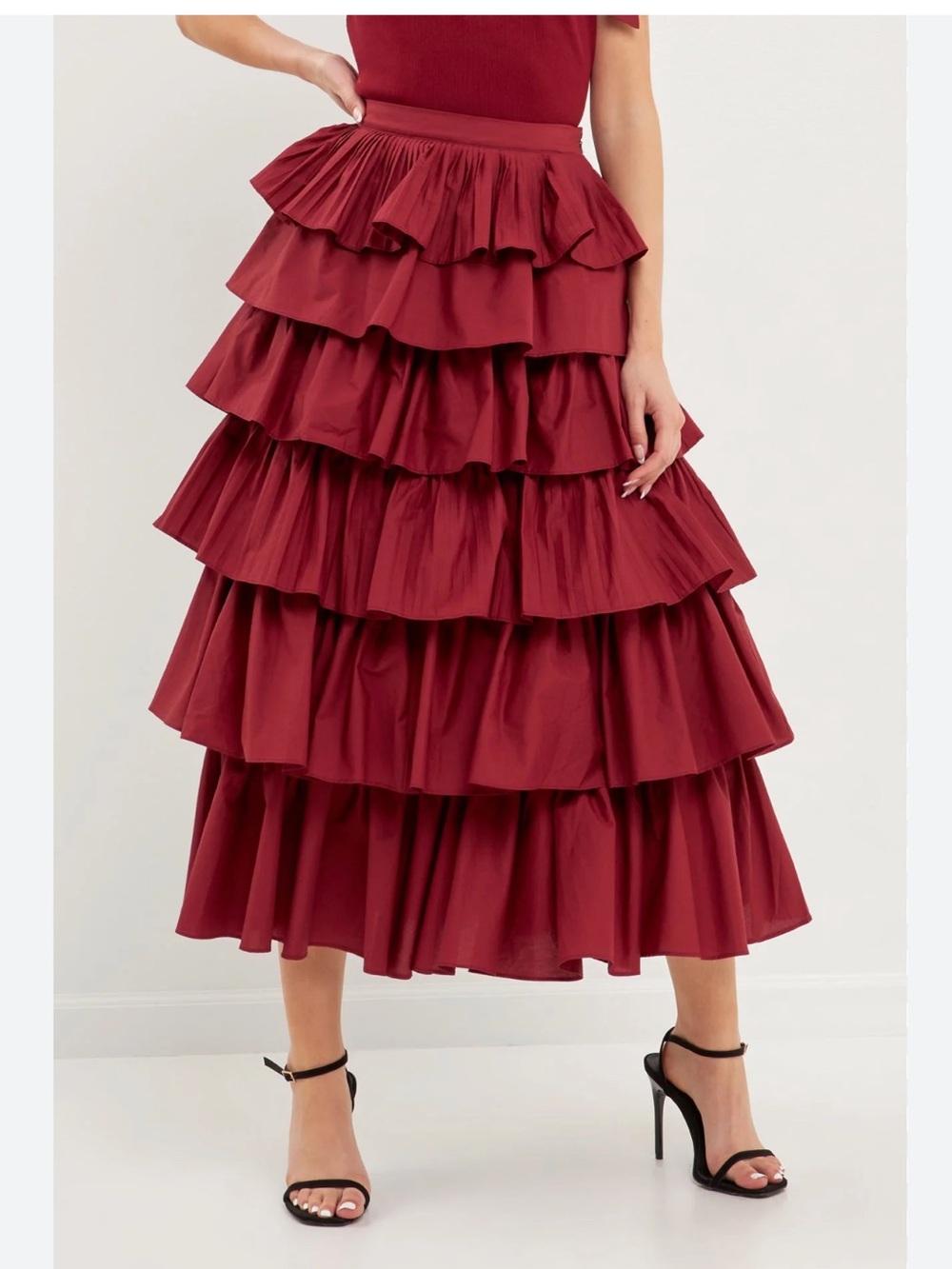 NWT English Factory Pleated Combo Multi Tiered Poplin Burgundy Maxi Skirt XS
